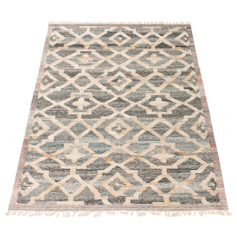 Tapis gris / beige en laine tissé à plat à la main à motif géométrique