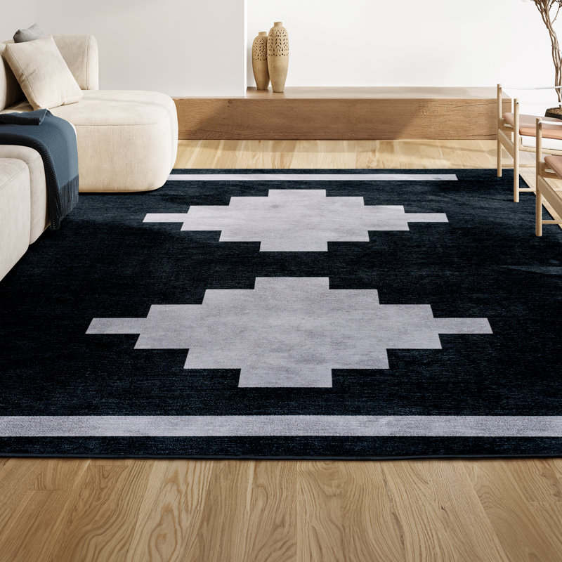 Tapis bleu marine / gris clair Linfert, Rectangle 3 pi 11 po x 6 pi