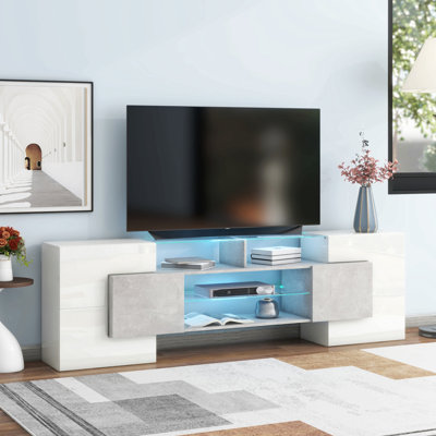 Unique Shape Tv Stand With 2 Illuminated Glass Shelves, High Gloss Entertainment Center For Tvs Up To 88", Versatile Tv Cabinet With Led Color Changing Lights For Living Room