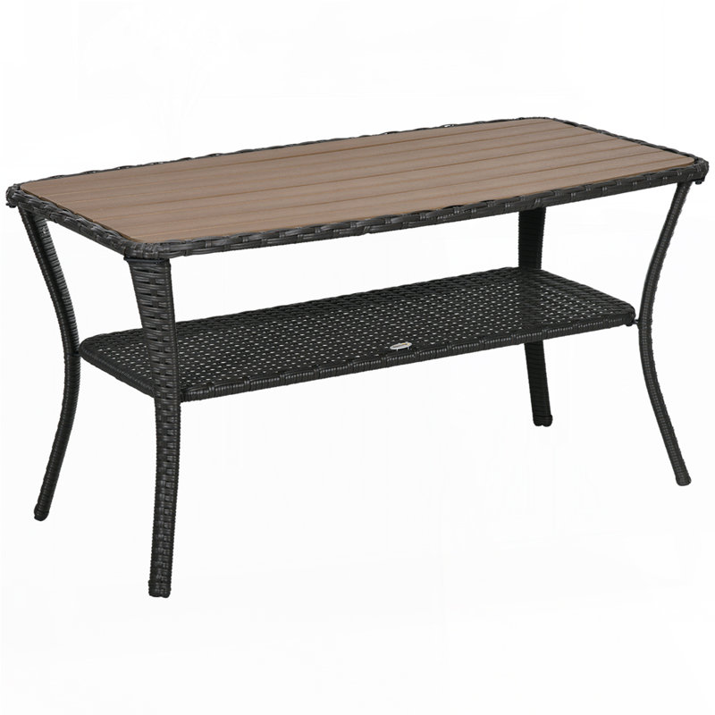 Outsunny Patio PE Rattan Coffee Table With Storage Shelf, Hand-Woven Wicker Outdoor Side Table, 2-Layer Storage Table With Wood-Plastic Composite Top, For Garden, Porch, Backyard
