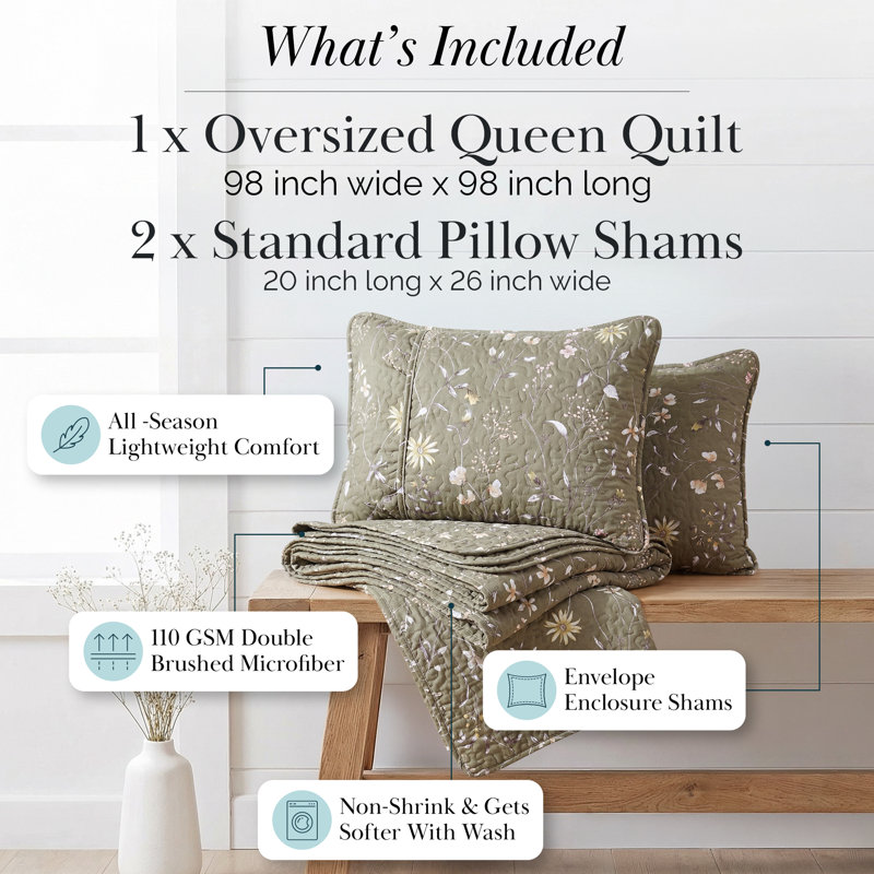 Ensemble de courtepointe réversible en microfibre Secret Meadow, Courtepointe double/grand et 2 taies décoratives, Brun olive