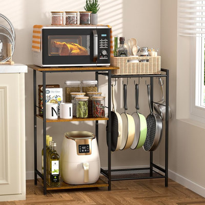 5-Tier Kitchen Storage Stand With Pot Rack, Microwave Oven Stand And Coffee Bar Table, Small Baker’S Rack With 6 S-Hooks For Spices And Kitchen Organization – Rustic Brown