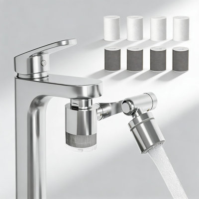 Rotating Faucet Water Filter With Aerator, 1440° Swivel Arm Reduces 99% Chlorine & Heavy Metals, 3 Spray Modes, Fits Most Kitchen & Bathroom Faucets, Includes 8 Replacement Filters