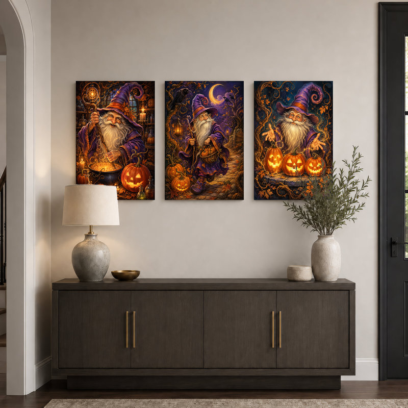 Magicien au chapeau violet lumineux, ensemble de 3 toiles murales pour l'Halloween, 30"H x 20"W x 3pcs