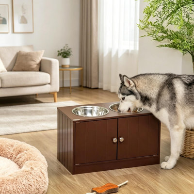 Gamelles surélevées pour chiens en acier inoxydable, acier et polyéthylène (1 lot), marron, design surélevé, rangement intégré, grande capacité