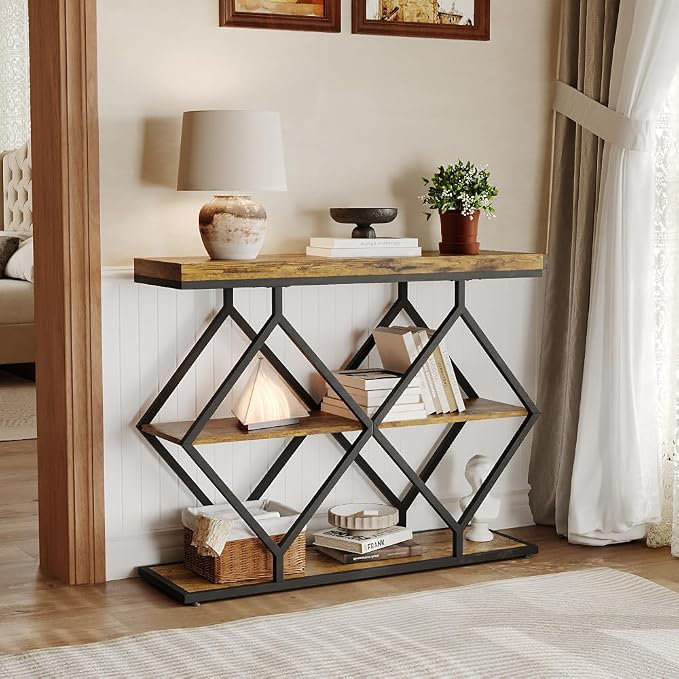 Console à 3 niveaux de 99 cm (39 po), table d'entrée de style industriel, étagères ouvertes en bois, Brun rétro