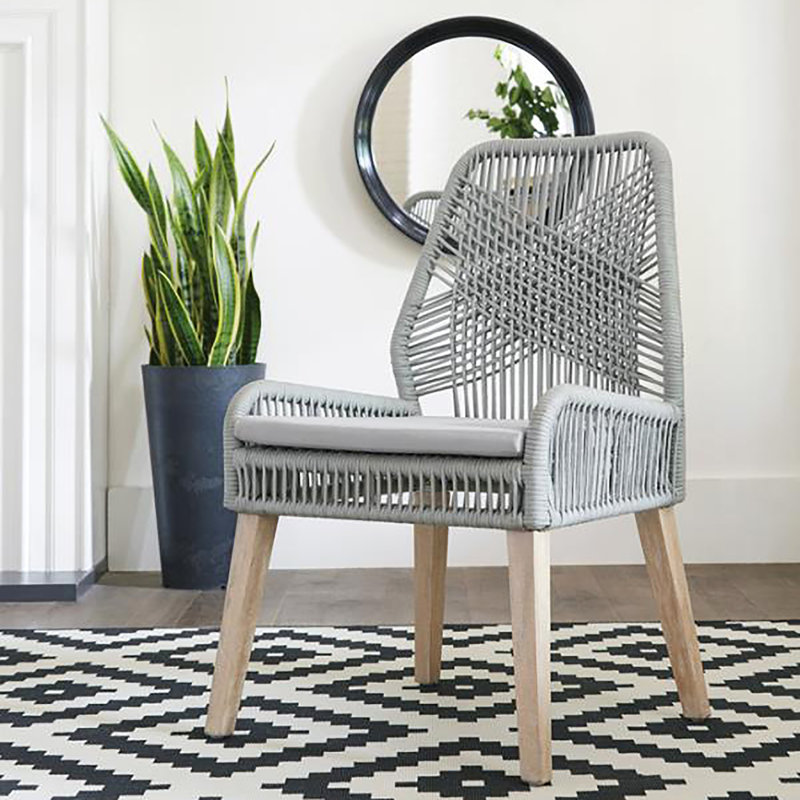 Chaises d'appoint à dossier tissé délavé patiné (ensemble de 2) avec pieds en bois de manguier durables et sièges rembourrés confortables