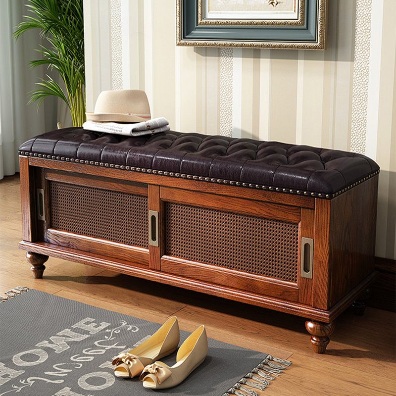 Handwoven Rattan & Leather Shoe Bench