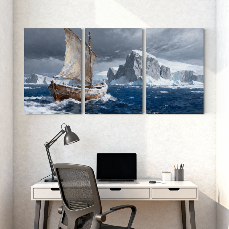 Nautique, bateau à voile, océan glaciaire, océan orageux, réflexion sur l'eau, ensemble de 3 impressions sur toile