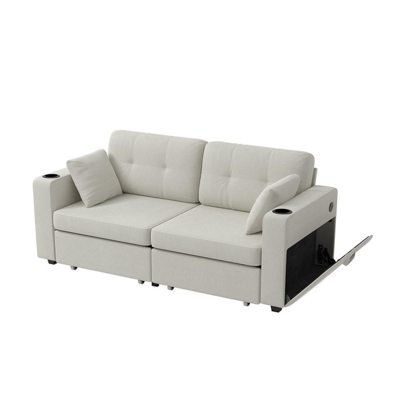 68'' Chenille Sofa With Multi-Functional Armrests, White