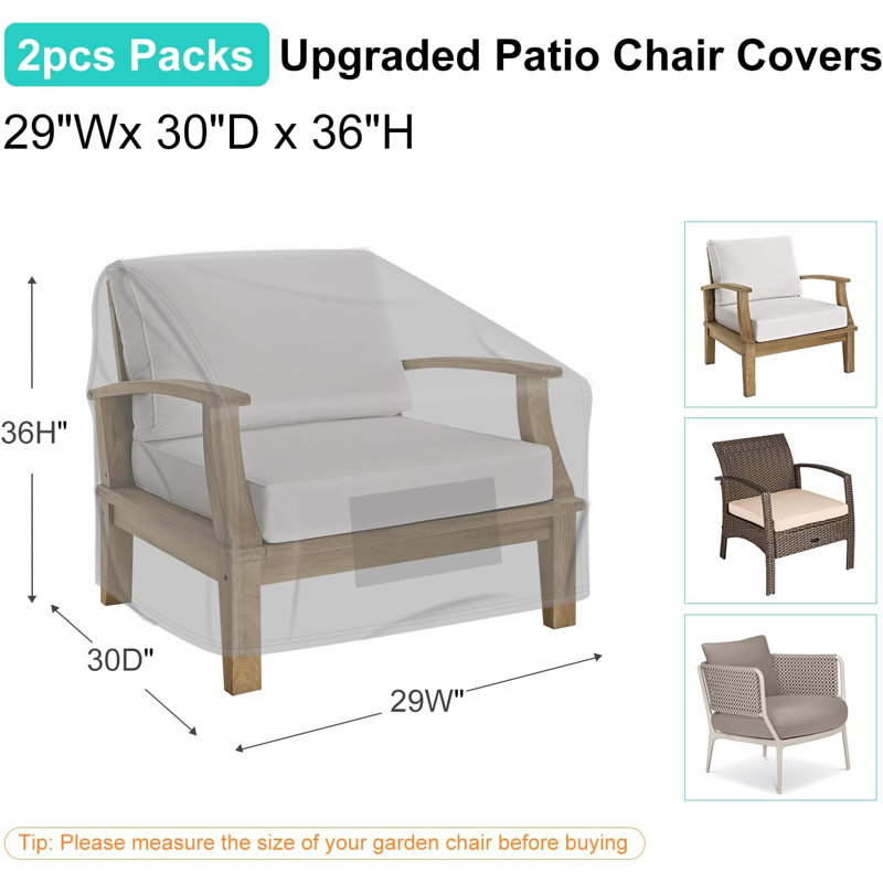 Patio Chair Covers For Outdoor Furniture Waterproof 2 Pack, Lawn Chair Covers 600D Heavy Duty Oxford Cloth, Large Covers For Lounge Lawn Deep Seat 29" W X 30" D X 36" H-Gray