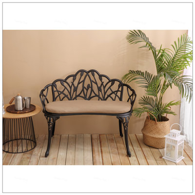 Patio Garden Bench With Floral Rose Design, Cast Aluminum Outdoor Furniture, Perfect For Patio, Park, Lawn, And Yard With Cushion