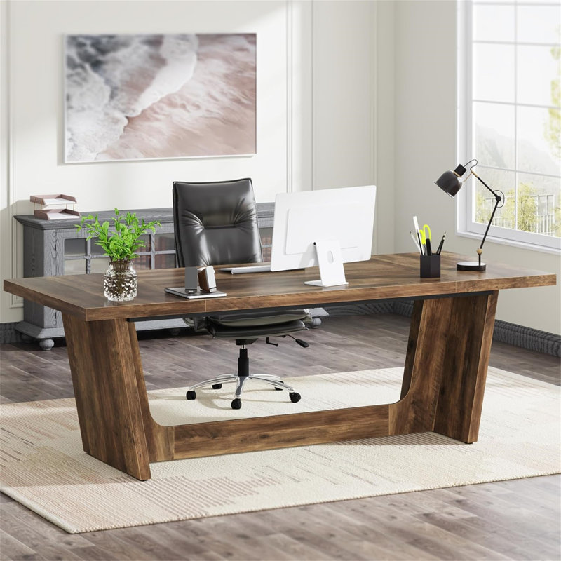 Bureau de direction 71 po pour bureau à domicile - Table d'ordinateur industrielle en bois rustique avec piédestal en bois massif (table unique, sans chaise)