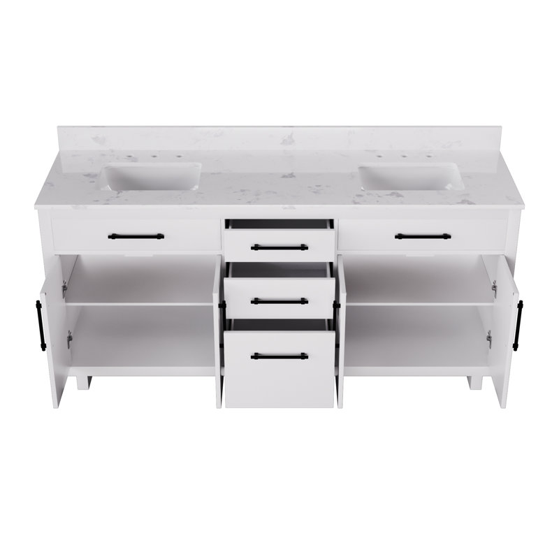 Meuble-lavabo double 72 po avec comptoir en faux marbre et lavabo en céramique, Blanc