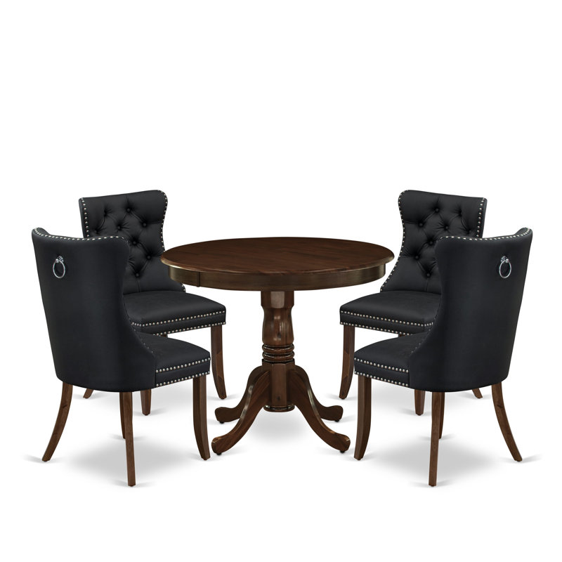 3 Piece Dining Table Set Includes a Round Kitchen Table with Pedestal and 2 Upholstered Chairs, linen white, Black/White