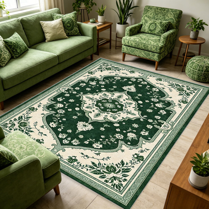 Green Floral carpet-easy to clean, machine-washable, soft and comfortable; suitable for door mats, kitchens, living rooms, bedrooms, corridors, and laundry areas. Easy to clean, durable carpet for home decoration.