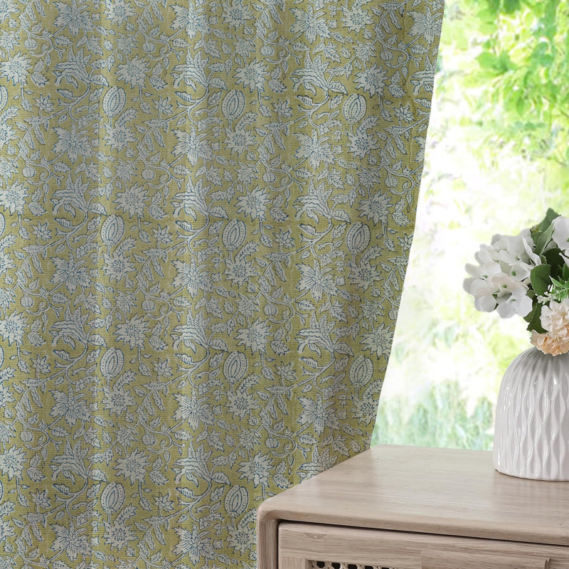 Fabdivine Light Brown and Blue 2 Panel Set with Handmade Block Print Floral Pinch Pleated Hook Curtains and Drapes Thick Linen, with 100% Blackout Fabric 27x36 Inches Home Décor, Manikarnika