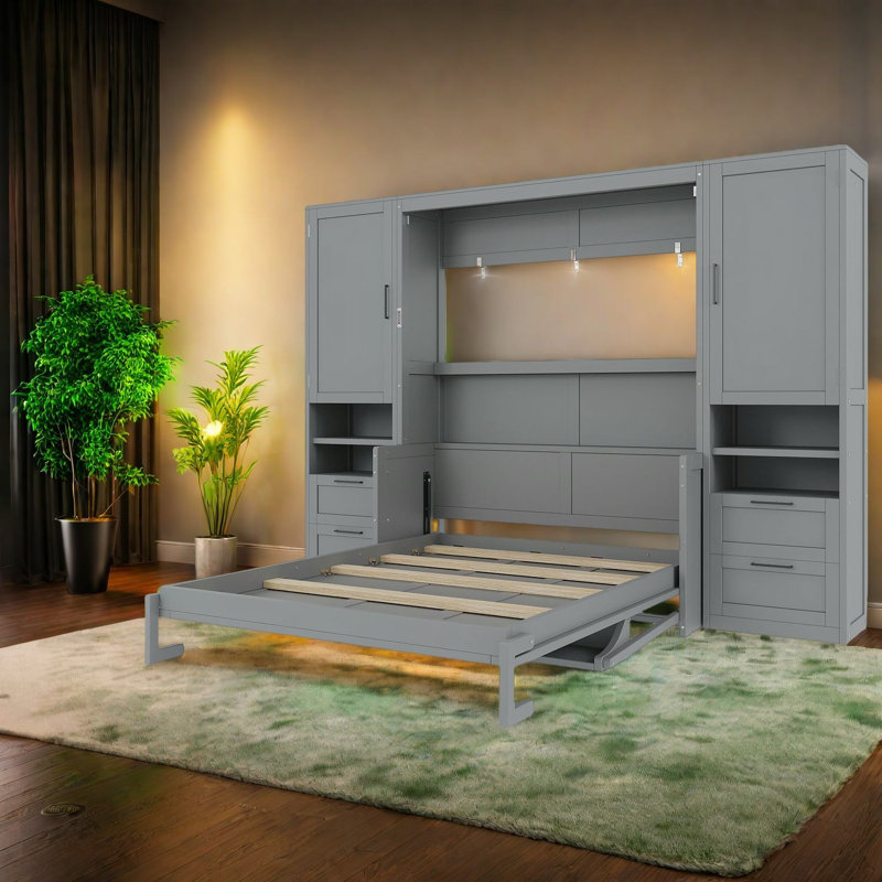 Grand lit escamotable avec rangement peu encombrant, fabrication en MDF, gris moderne