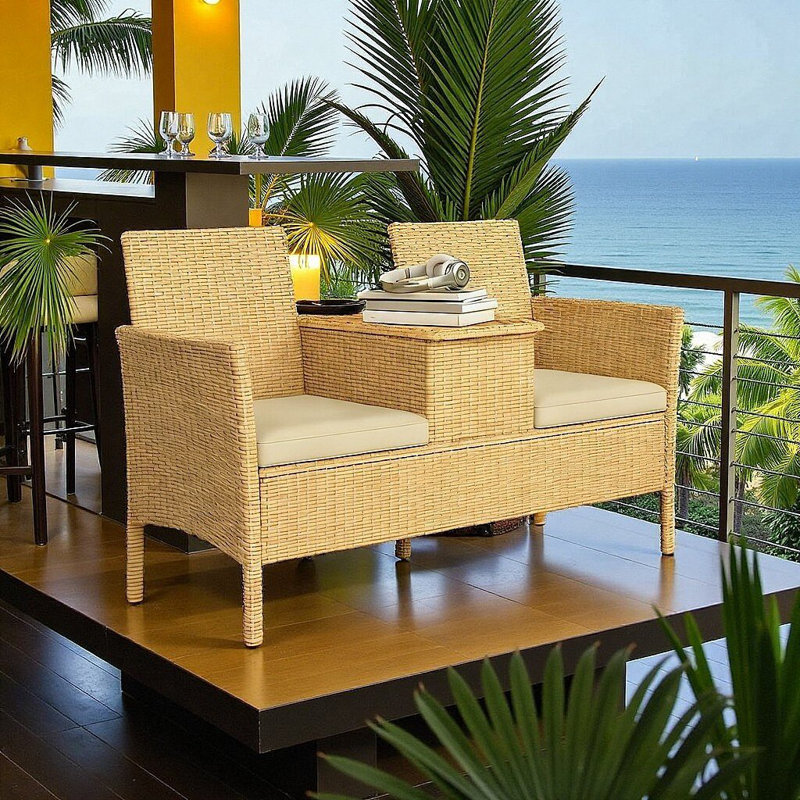 Breezy Patio Loveseat Sofa with Flip-Up Acacia Table & Storage | Outdoor Cushioned Garden Set | Compact Design