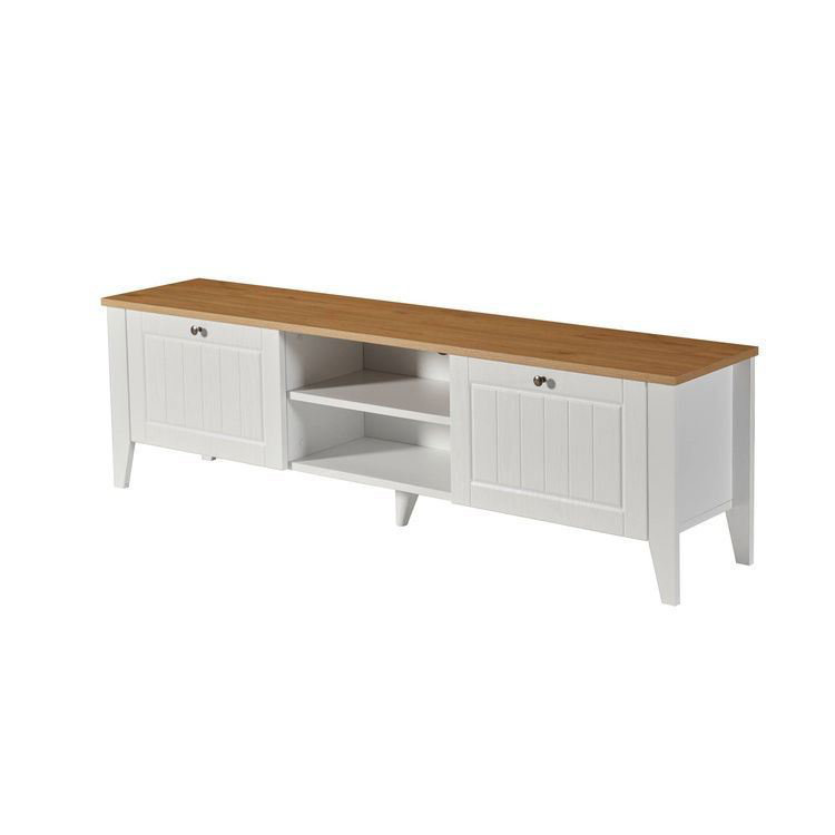 Modern TV Stand in White & Oak, 63.0 x 18.5 x 13.0 inches | 100% Melamine Coated Chipboard with 0.8 mm PVC Edgebands | MDF Doors with 0.35 mm Ash Tree Membrane Coating | Sleek Design for Living Room & Entertainment Spaces