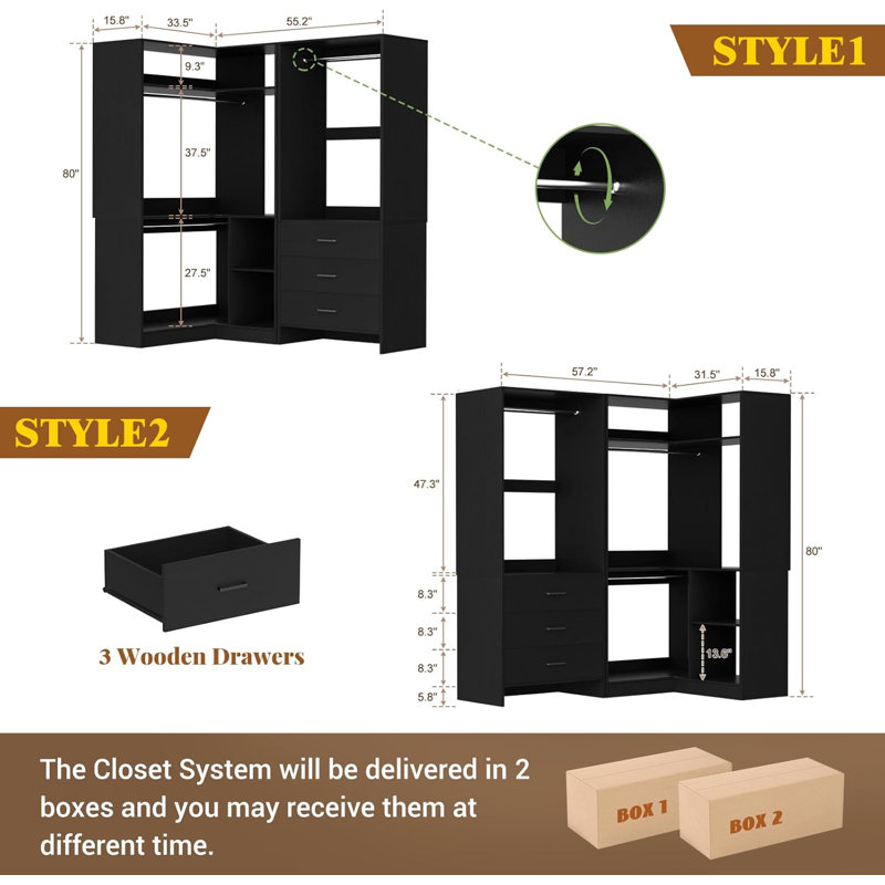 Système d'organisation l 31,5 po à 57,2 po avec tiroirs en bois, Noir, noir, noir, noir