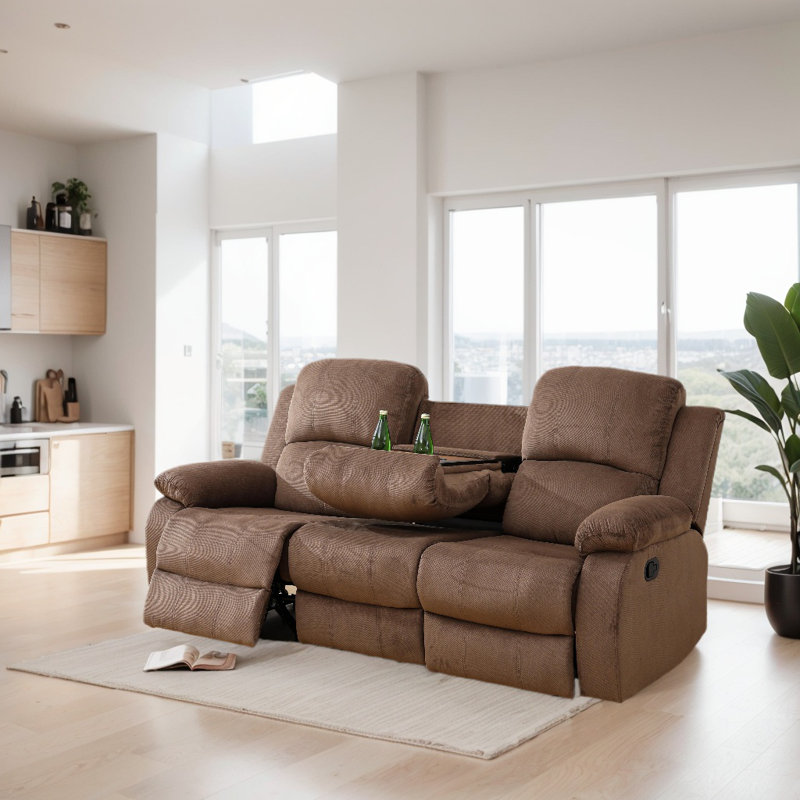 79" Premium Fabric Reclining Living Room Sofa With Drop Down Table And Cup Holders, Brown
