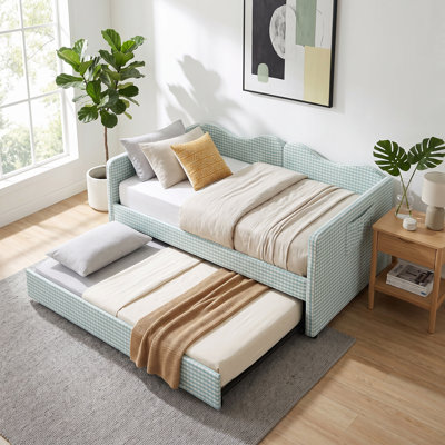Full-Size Daybed with Pull-Out Trundle, Gingham Upholstered Sofa Bed with Side Storage Pocket, Solid Wood Frame, 3-in-1 Multi-Functional Daybed for Room, Guest Bedroom