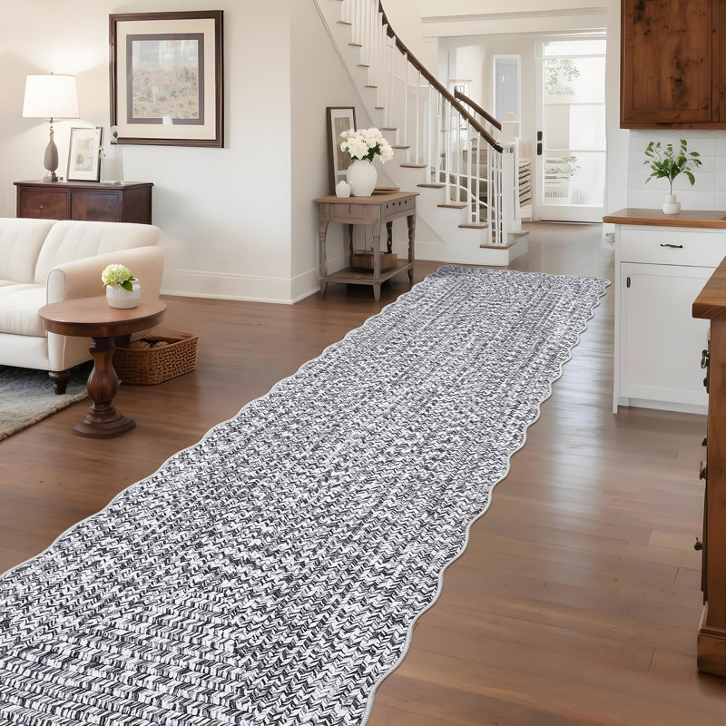 Farmhouse Scalloped Rug Washable Rug with Non Slip TRP Backing, Low Pile Non Shedding Rustic Carpet, Soft Thin Foldable Printed Mat for Living Room Bedroom