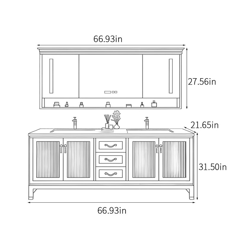 Armoire de salle de bain sur pied de style chinois, H 31,5 po x l 66,93 po x P 21,65 po