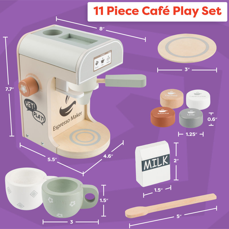 Wooden Toy Coffee Maker for Kids - 11PC Kids Kitchen Playset with Coffee Machine Toy and Pretend Play Kitchen Accessories - Pretend Play Toys for Toddler Girls and Boys Ages 3 and Up by Hey Play