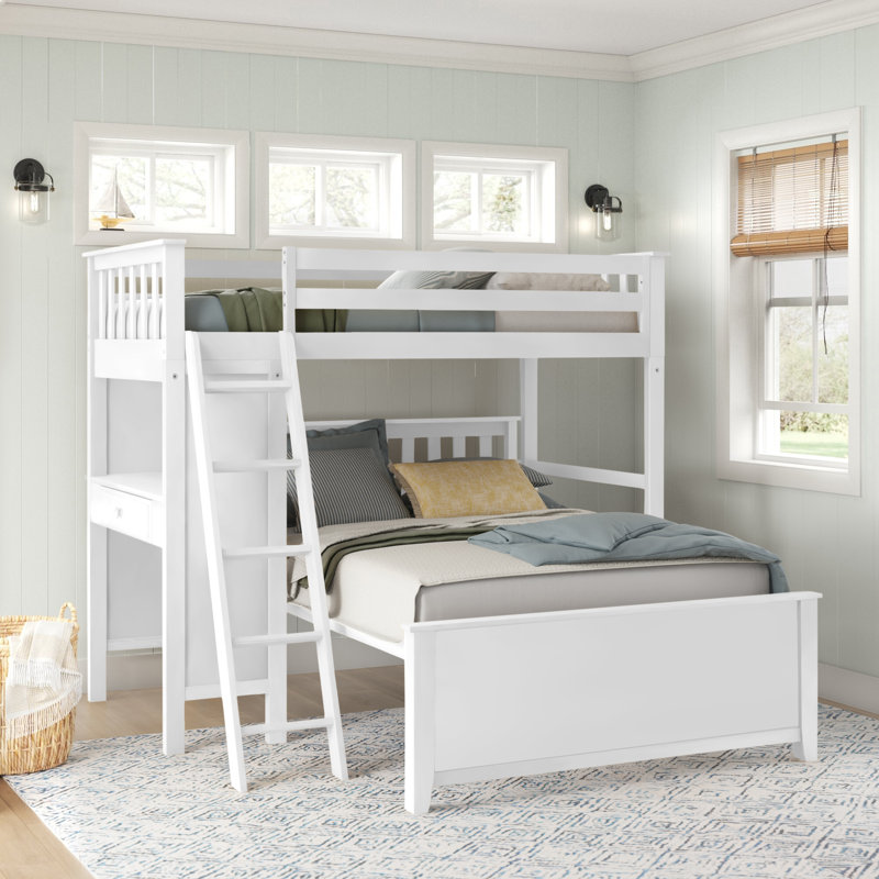 Lits simples superposés en bois massif en forme de L avec bureau intégré Buhr, Blanc