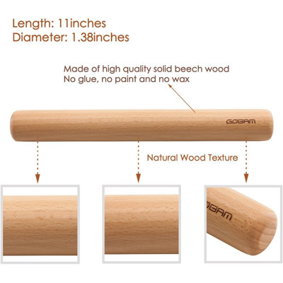 Wood Rolling Pin, Small Dough Roller for Pasta, Cookies, Pie, Pizza, Chapati, and Fondant, 11"L x 1.38"Dia
