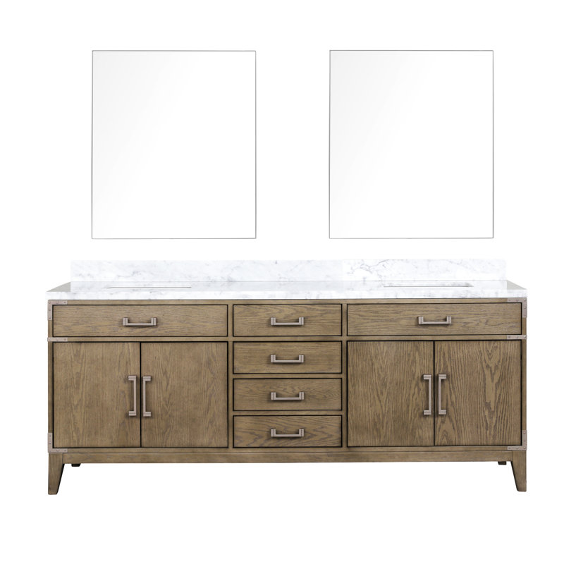 Meuble-lavabo double en chêne gris 80 po L 22 po, comptoir en marbre, deux armoires et meuble-lavabo à tablettes, quatre tiroirs de rangement