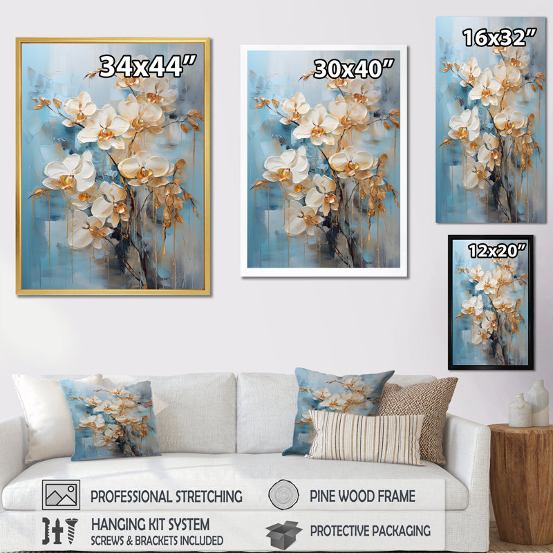 Orchidées beiges et dorées Simplicity VII, H 32 po x l 24 po x P 1 po, Cadre flottant doré