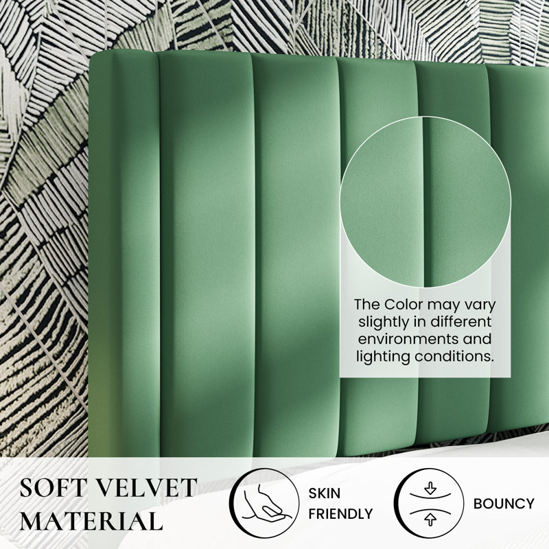 Lit plateforme tapissier en velours avec tête de lit Modern, Double, Vert