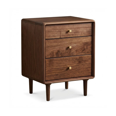 Solid North American Black Walnut Wood Nightstand, 3-Drawer Bedside Table With Tiered Storage, Mid-Century Modern End Table With Elevated Legs & Round