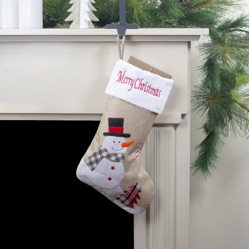 Chaussette de Noël 19 "bonhomme de neige" en toile de jute "Merry Christmas"