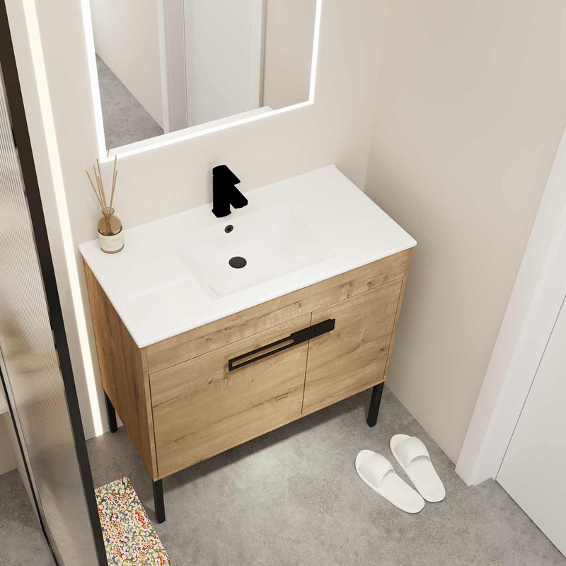 Meuble-lavabo simple 36 po avec plateau en céramique Jeovan, Chêne