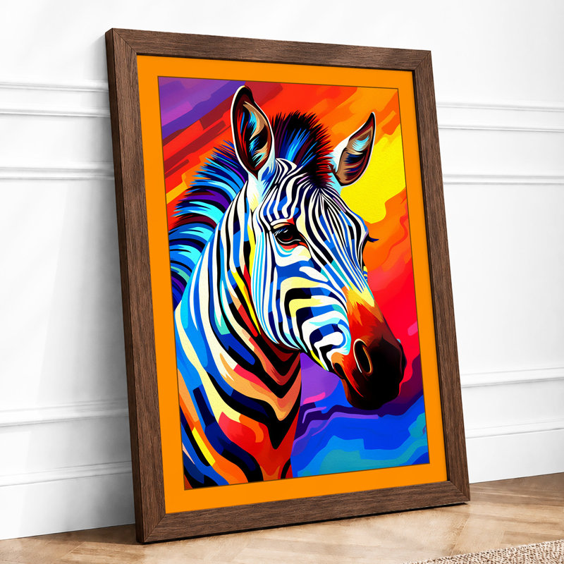 Chromatic Zebra Pop Art 1 Piece Single Picture Frame Wall Art, A2 - 59.4 x 42.0 cm, Walnut