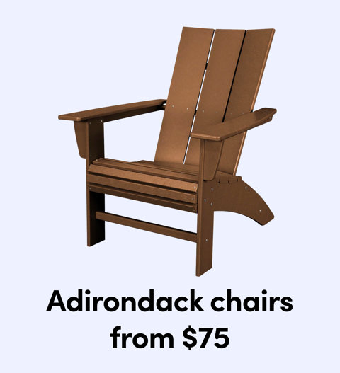 A classic brown faux-wood Adirondack chair for outdoor patio seating from $75.