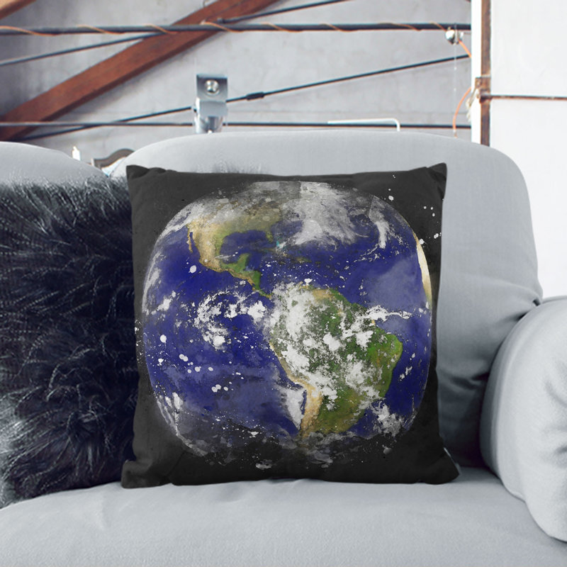Satellite Image of Earth Cushion with Filling, White, 40cm H x 40cm W x 15cm D