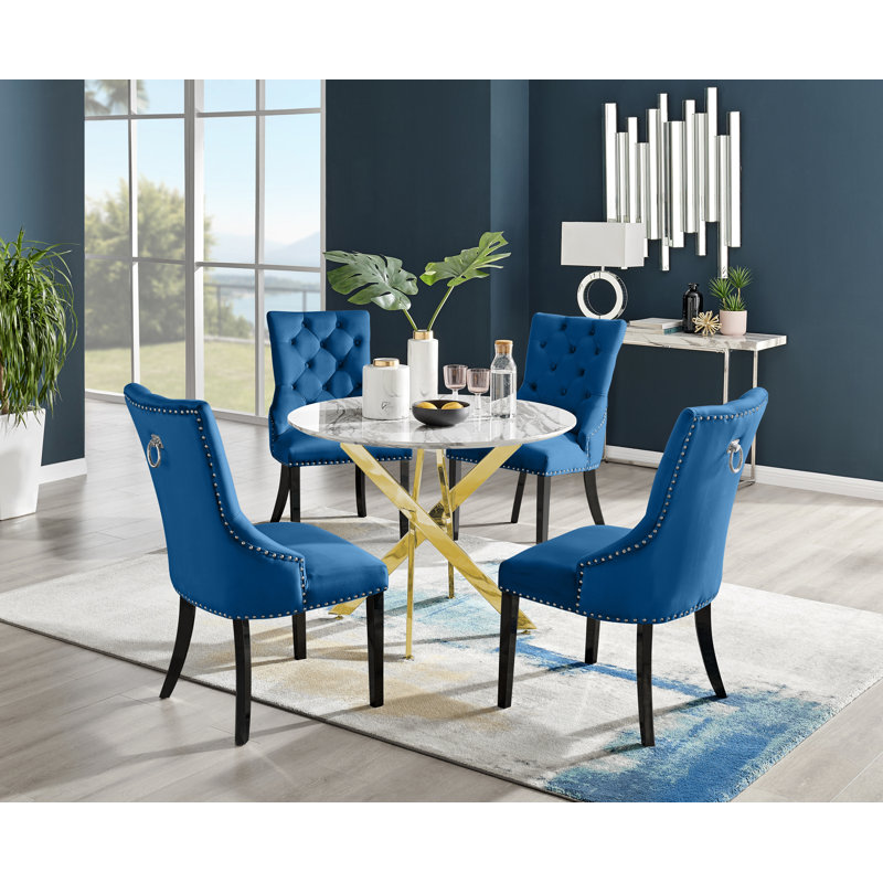 Tierra Modern Chrome Metal & Glass Round Dining Table Set with 4 Luxury Button Velvet Chairs, Black, White