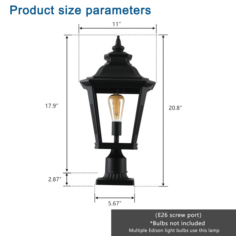Outdoor Post Lantern - Black Aluminum, Weather-Resistant, Hardwired For Garden & Yard