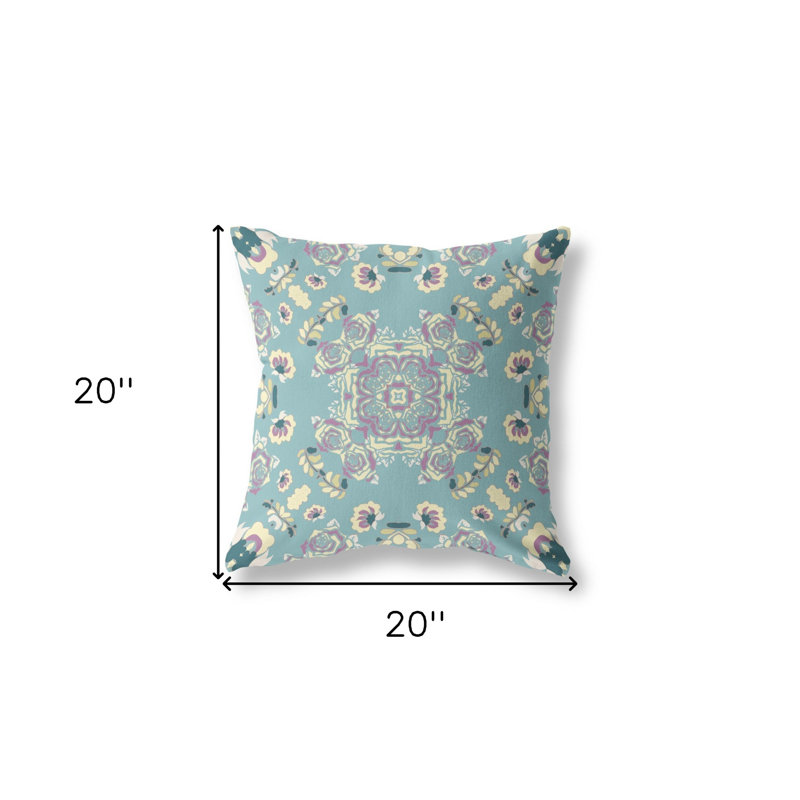Coussin 20 po x 20 po, Vert clair / floral jaune