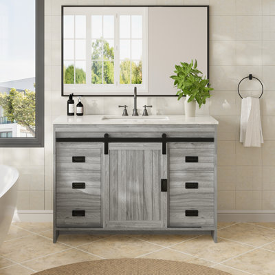  48" Farmhouse Single Bathroom Vanity With Engineered Stone Top, Sliding Barn Door Sink Vanity, Gray