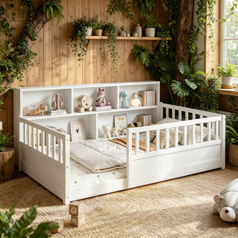 Lit pour tout-petits avec tablettes de rangement, lit en bois massif avec garde-corps de sécurité et support à lattes, cadre de lit pour enfant à profil bas, aucun sommier nécessaire pour les garçons et les filles