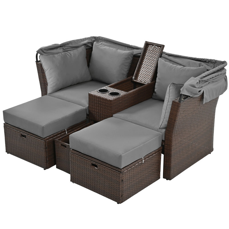 Derrel 55.5'' Wide U-Shaped Wicker Patio Daybed with Cushions, Gray
