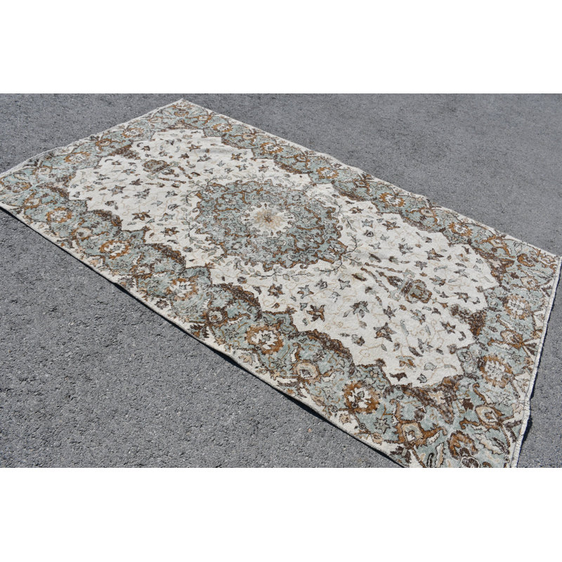 Tapis traditionnel turc traditionnel à motif floral bleu et brun parfait pour la décoration intérieure blanc / vert