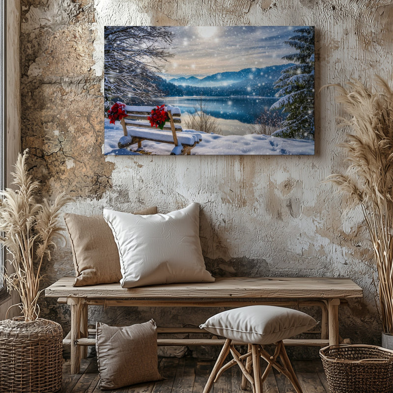 Toile, "Un paysage d'hiver serein avec un lac tranquille entouré d'art enneigé, montagnes et montagnes en arrière-plan"