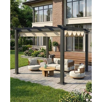 10x10 Ft Aluminum Outdoor Pergola with Retractable Canopy, Waterproof Adjustable Sun Shade Cover, UV-Resistant Patio Shelter for Backyard, Deck, Garden - Beige